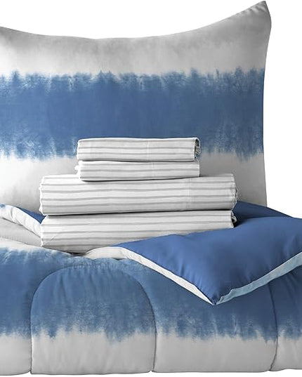 Dream Factory Kids 5-Piece Complete Bed Set Easy-Wash Super Soft Microfiber Comforter Bedding, Twin, Blue Tie Dye Stripe,2D872901BL - LeafyLoom