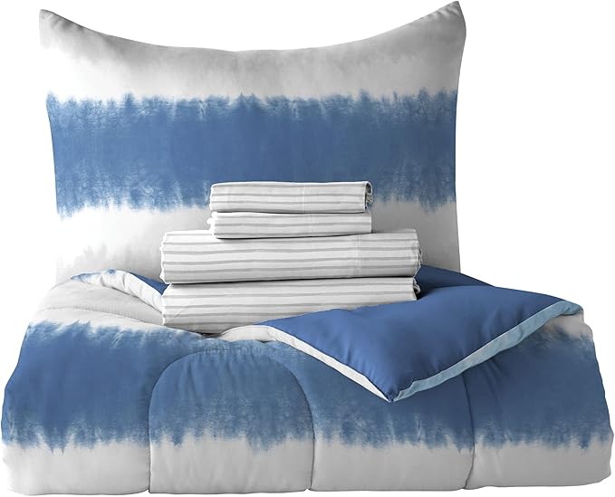 Dream Factory Kids 5-Piece Complete Bed Set Easy-Wash Super Soft Microfiber Comforter Bedding, Twin, Blue Tie Dye Stripe,2D872901BL - LeafyLoom