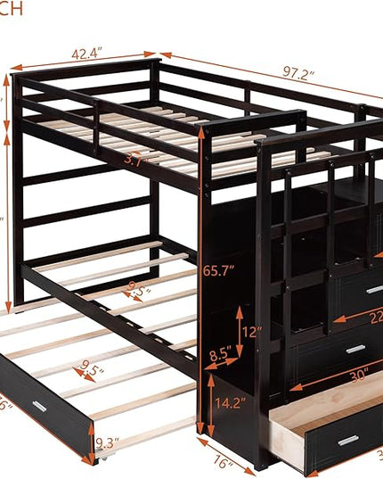 Twin Over Twin Bunk Bed with Stairs, 4 Storage Drawers and Trundle, Wooden Bunkbeds with Staircase and Full-Length Guardrails, for Kids/Teens/Adults, Espresso - LeafyLoom