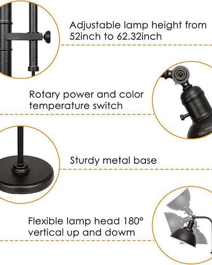Industrial Floor Lamp, 3 Color Temperature Rustic Floor Lamps in Aged Bronze, Adjustable Height&Head Standing Reading Lamp Farmhouse Lamp - LeafyLoom