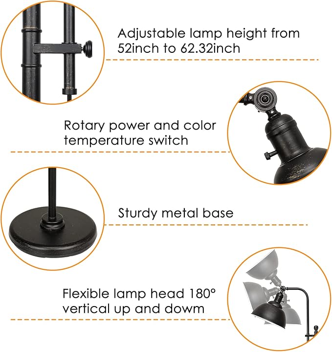 Industrial Floor Lamp, 3 Color Temperature Rustic Floor Lamps in Aged Bronze, Adjustable Height&Head Standing Reading Lamp Farmhouse Lamp - LeafyLoom