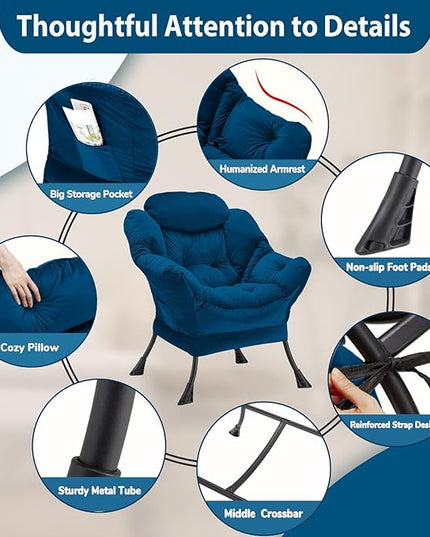Lazy Chair Thick Padded, Accent Chair Velvet Upholstered with Wide Seat, Stable Metal Frame and Non-Slip Pad, Modern Sofa Armchair with Side Storage Bag for Dorm, Room, Office, Blue - LeafyLoom