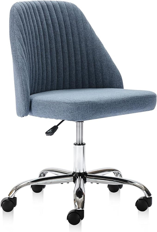 HOMEFLA Home Office Modern Linen Swivel Task Upholstered Fabric Desk Chair Armless with Wheels, Middle, Blue - LeafyLoom