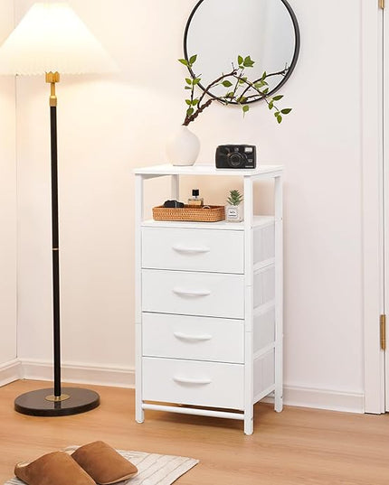 Yoobure LED Nightstand with Charging Station, Tall Dressers for Bedroom, White Night Stand with 4 Storage Drawers, Bedside Table for Closet, Fabric Side Table, End Table in Living Room - LeafyLoom