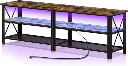 Clikuutory Modern Brown 63 inch Metal TV Stand with LED Lights and Power Outlets for 40 50 55 60 65 70 Inch TVs, 3 Tier Television Stands with Entertainment Center and Storage for Living Room, Bedroom - LeafyLoom