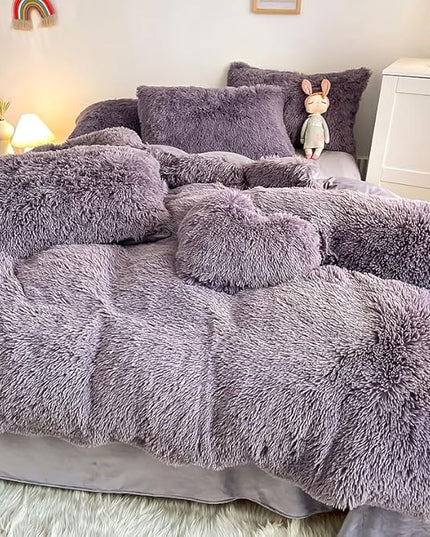 Faux Fur Kid Girls Purple Comforter Sets Queen - 3PC Bed Set Warm Comfortable Soft Plush Flannel Velvet Fluffy Fuzzy Bedding（Comforter x 1 Pillowcases x 2） - LeafyLoom