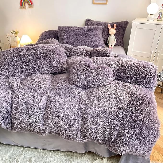 Faux Fur Kid Girls Purple Comforter Sets Queen - 3PC Bed Set Warm Comfortable Soft Plush Flannel Velvet Fluffy Fuzzy Bedding（Comforter x 1 Pillowcases x 2） - LeafyLoom
