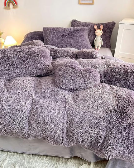 Faux Fur Kid Girls Purple Comforter Sets King - 3PC Bed Set Warm Comfortable Soft Plush Flannel Velvet Fluffy Fuzzy Bedding（Comforter x 1 Pillowcases x 2） - LeafyLoom