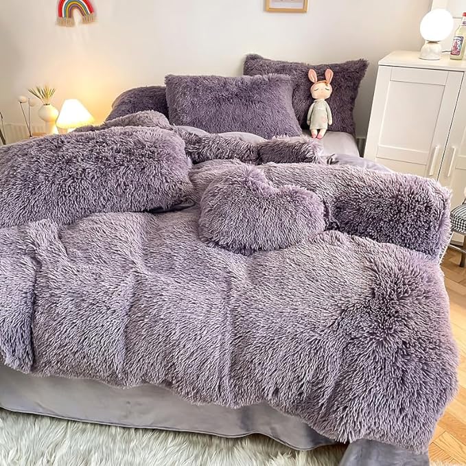 Faux Fur Kid Girls Purple Comforter Sets King - 3PC Bed Set Warm Comfortable Soft Plush Flannel Velvet Fluffy Fuzzy Bedding（Comforter x 1 Pillowcases x 2） - LeafyLoom