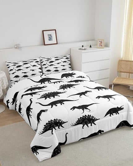 Erosebridal Dinosaur Down Comforter Dino Silhouettes Bedding Set King Size, Wildlife Animals Black White Comforter Sets for Kids Boys Teens Adult Bedroom, Dinosaurs Comforter with 2 Pillow Cases - LeafyLoom
