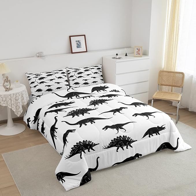 Erosebridal Dinosaur Down Comforter Dino Silhouettes Bedding Set King Size, Wildlife Animals Black White Comforter Sets for Kids Boys Teens Adult Bedroom, Dinosaurs Comforter with 2 Pillow Cases - LeafyLoom