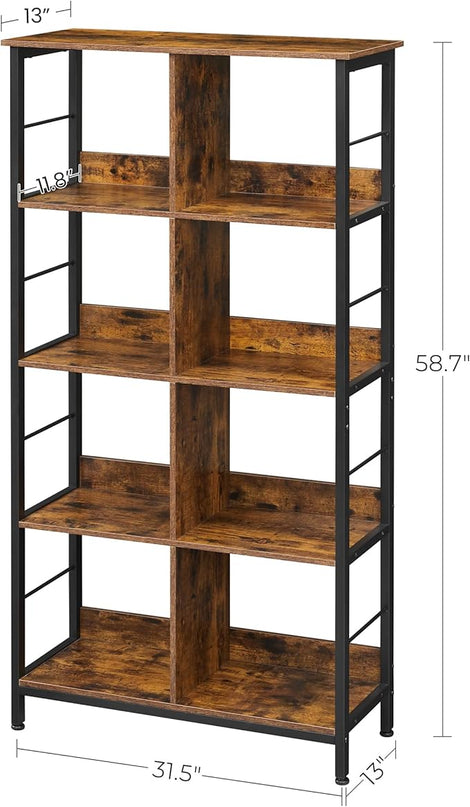 VASAGLE Industrial 8-Compartment Bookshelf, 4-Tier Bookcase with 8 Open Slots, Display Storage Rack, for Office, Living Room, Bedroom, 31.5 x 13 x 58.7 Inches, Rustic Brown and Black ULLS105B01 - LeafyLoom