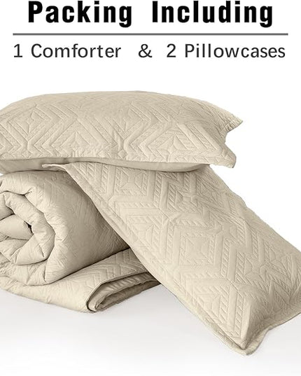 WONGS BEDDING Khaki Comforter Set King Size(104“×90”), Boho Geometric Textured Bedding Comforter Sets - 3 Pieces Reversible Soft Microfiber Ultrasonic Bedding with 2 PillowCases - LeafyLoom