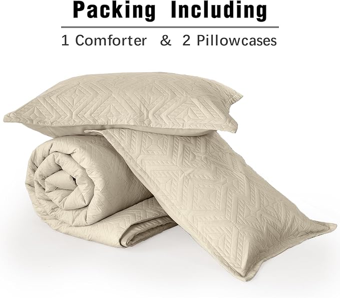 WONGS BEDDING Khaki Comforter Set King Size(104“×90”), Boho Geometric Textured Bedding Comforter Sets - 3 Pieces Reversible Soft Microfiber Ultrasonic Bedding with 2 PillowCases - LeafyLoom