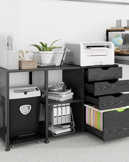 PUNCIA Office Lateral File Storage Cabinet with Paper Shredder Stand On Wheel Large Lateral Filing Cabinet with Drawers Filing Cabinet Organizer Printer Stand with Storage for Home Office - LeafyLoom