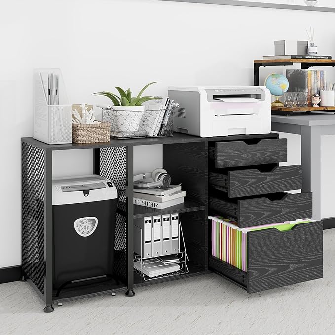 PUNCIA Office Lateral File Storage Cabinet with Paper Shredder Stand On Wheel Large Lateral Filing Cabinet with Drawers Filing Cabinet Organizer Printer Stand with Storage for Home Office - LeafyLoom