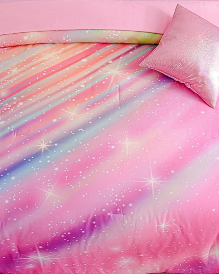 Btargot Super Soft 6 Pieces Gradient Star Ring Comforter Set, Colorful Glitter Rainbow Star Pattern Bedding Set for Boys Girls Teens, Full Pink - LeafyLoom