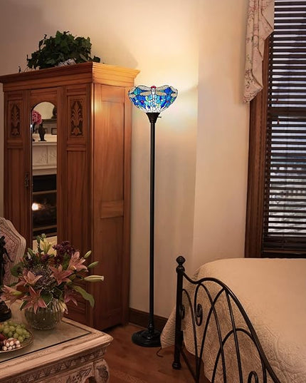 Capulina Tiffany Torchiere Floor Lamp Industrial Dark Bronze Pole Sea Blue Dragonfly Style Stained Glass Standing Light for Living Room Bedroom Home Office - LeafyLoom