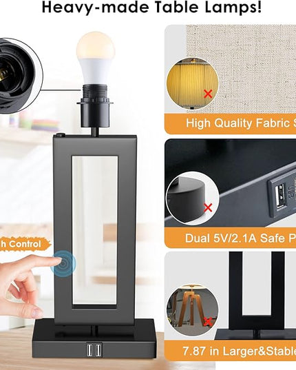 Tall Table Lamps for Living Room Set of 2, Modern Bedside Lamps w. 2 USB Ports, 3-Way Dimmable Touch Control Nightstand Lamp Set w. Fabric Cream Shade for Bedroom End Table, 22 in - LeafyLoom
