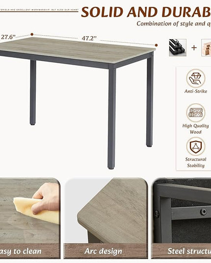 Dining Table Set for 4, Industrial Metal Wood 47.2" Kitchen Dining Table with 4 Upholstered PU Leather Chairs, Indoor Modern Furniture Set for Dining Room, Dinette, Breakfast Nook, Grey - LeafyLoom