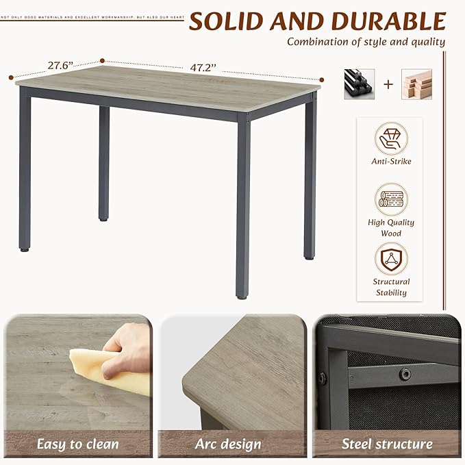 Dining Table Set for 4, Industrial Metal Wood 47.2" Kitchen Dining Table with 4 Upholstered PU Leather Chairs, Indoor Modern Furniture Set for Dining Room, Dinette, Breakfast Nook, Grey - LeafyLoom