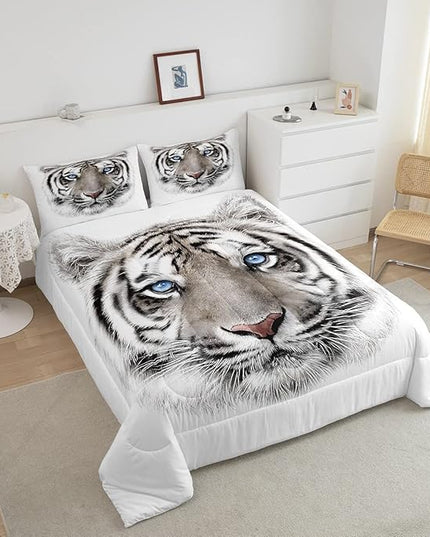 Erosebridal Boys Tiger Comforter Set King Size, Wild Animal Print Down Comforter for Boys Girls Teens Adult Bedroom, Grey Tiger Skin Duvet Insert Black White Stripe Bedding Comforters for Bedroom - LeafyLoom