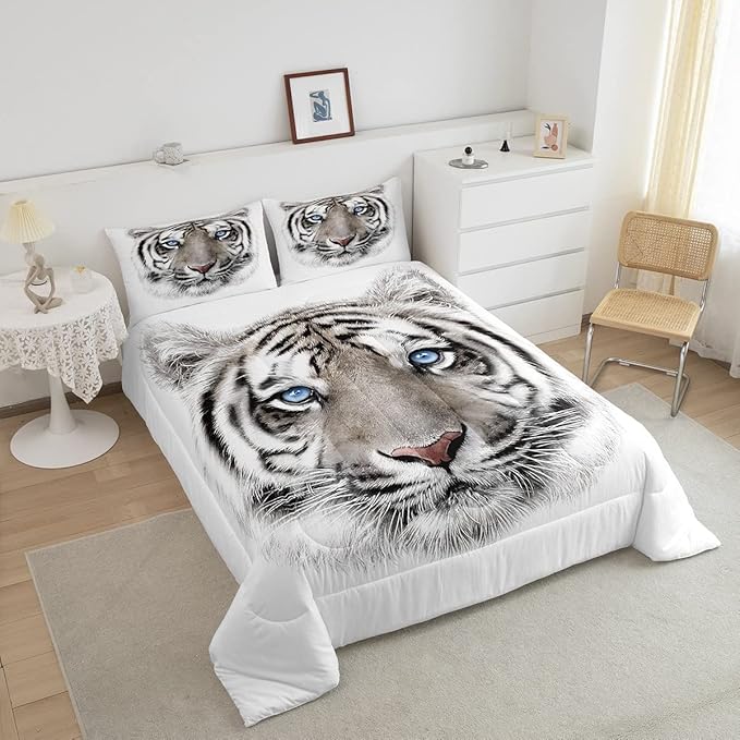 Erosebridal Boys Tiger Comforter Set King Size, Wild Animal Print Down Comforter for Boys Girls Teens Adult Bedroom, Grey Tiger Skin Duvet Insert Black White Stripe Bedding Comforters for Bedroom - LeafyLoom