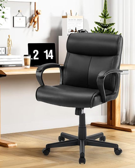 Sweetcrispy Executive Office Chair with Padded Armrests Mid Back Lumbar Support and Adjustable Height & Tilt Angle, PU Leather Swivel Rolling, Modern Black - LeafyLoom