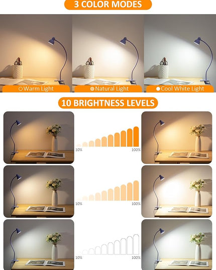 Clip on Lamp USB Reading Light, 3 Color Modes, 10 Brightness Dimmable, Flexible Gooseneck Desk Lamp with Clamp, Eye Care Clip on Light for Bed Headboard Desk Home Dorm - LeafyLoom