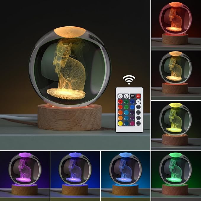 Cat Gifts for Cat Lovers for Women, Large 3D Cat Night Light, Crystal Cat Figurines Lamp 16 Color Changing with Remote Control for Bedroom Decor, Cat Gifts for Cat Lovers - LeafyLoom