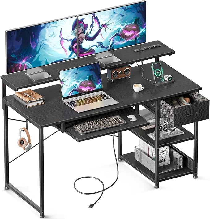 AODK Computer Desk with Keyboard Tray, 48 Inch Gaming Desk with Power Outlet, Office Desk with Drawer, Reversible Desk with Adjustable Monitor Shelf and Storage Shelf for Home, Black - LeafyLoom