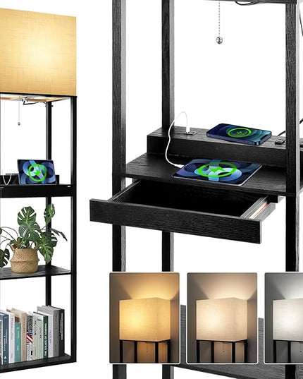 Dott Arts Floor Lamp with Shelves, wide Shelf Lamp with Wireless Charger & USB A+C Ports & 2 AC Outlets,3 Color Temperature Corner Tall Standing Floor Lamps for Living Room, Bedroom, Office (Black) - LeafyLoom