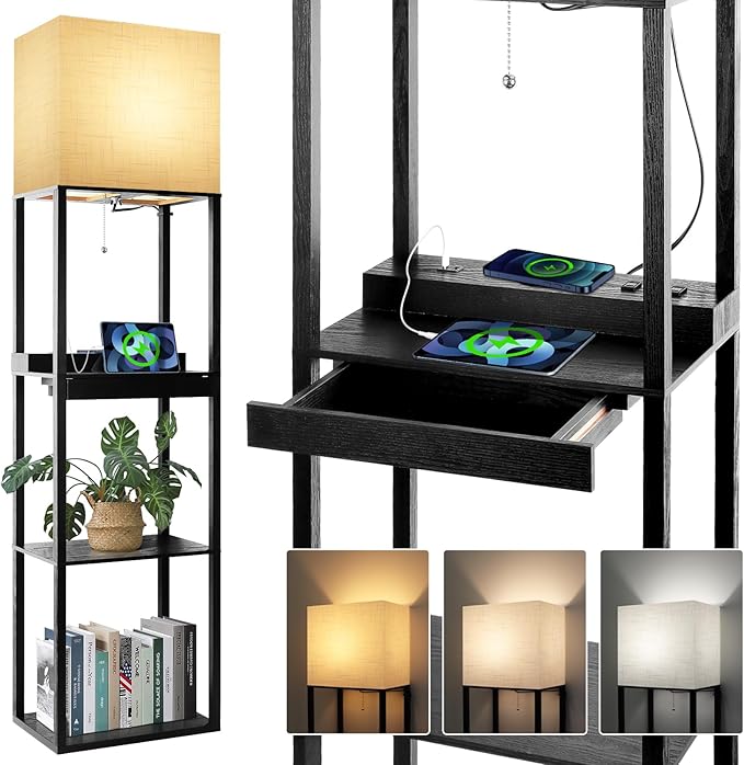 Dott Arts Floor Lamp with Shelves, wide Shelf Lamp with Wireless Charger & USB A+C Ports & 2 AC Outlets,3 Color Temperature Corner Tall Standing Floor Lamps for Living Room, Bedroom, Office (Black) - LeafyLoom