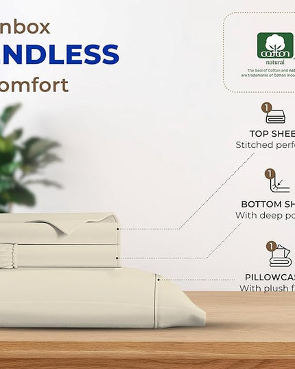 THREAD SPREAD 100% Egyptian Cotton Sheets Twin - 600 Thread Count Sheets Twin, 3 PC Deep Pocket Twin Sheets, Soft, Cooling Sateen Weave Extra Long Twin Sheets for Dorm, 16 in Deep Pocket - Ivory - LeafyLoom