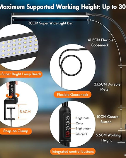 LED Desk Lamp with Clamp, Super Bright Desk Light with 11 Brightness, 5 Color Modes, Flexible Gooseneck Clip on Table Light, Eye-Caring Architect Task Desk Lamps for Home Office Study Reading - LeafyLoom