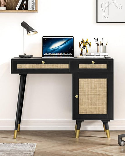 Anmytek Rattan Vanity Desk with Drawers and Storage, Black Makeup Vanity Table Modern Home Office Desk Computer Desk for Study D0005 - LeafyLoom