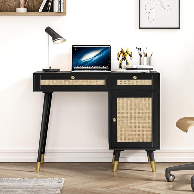 Anmytek Rattan Vanity Desk with Drawers and Storage, Black Makeup Vanity Table Modern Home Office Desk Computer Desk for Study D0005 - LeafyLoom