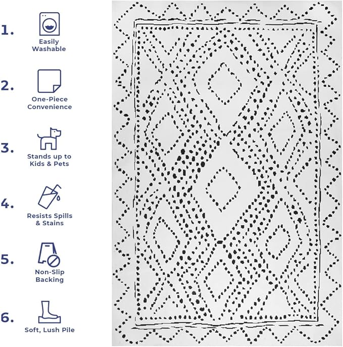 nuLOOM Mila Machine Washable Diamond Trellis Ultra Thin Accent Rug, 2' x 3', White - LeafyLoom
