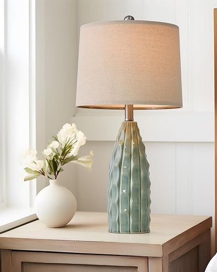 23.75" Modern Green Ceramic Lamps Set of 2 for Living Room Study Room Office Dorm Farmhouse Nightstand, End Table Lamps - LeafyLoom