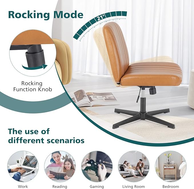 OLIXIS Cross Legged Armless Wide Adjustable Swivel Padded Home Office Desk Chair, Brown - LeafyLoom