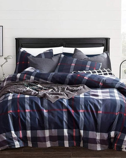 Navy Plaid Comforter Set Full Multicolor Checkered Bedding Quilt Set Navy Blue Tartan Grid Comforter Striped Blanket for Women Teens Adult Navy Checkered Plaid Comforter - LeafyLoom