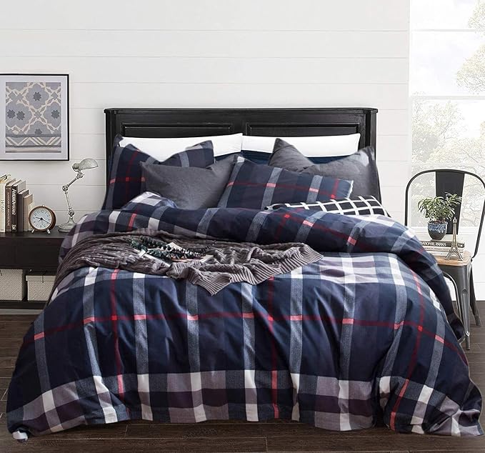 Navy Plaid Comforter Set Full Multicolor Checkered Bedding Quilt Set Navy Blue Tartan Grid Comforter Striped Blanket for Women Teens Adult Navy Checkered Plaid Comforter - LeafyLoom