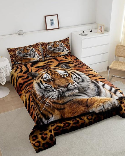 Tiger 3D Print Comforter Set Full Size Wild Animals Bedding Set 3pcs for Kids Teens Room Decor,Animal Fur Quilt Set Soft Breathable Duvet Insert with 2 Pillowcases - LeafyLoom