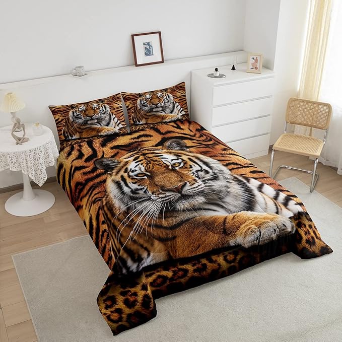 Tiger 3D Print Comforter Set Full Size Wild Animals Bedding Set 3pcs for Kids Teens Room Decor,Animal Fur Quilt Set Soft Breathable Duvet Insert with 2 Pillowcases - LeafyLoom