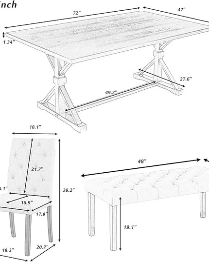 6-Piece Farmhouse Rectangular 72" Wood Dining Table Set with 4 Upholstered Chairs and a Bench, Easy to Assemble, for Kitchen, Home Bar & Living Room, Gray+Beige - LeafyLoom