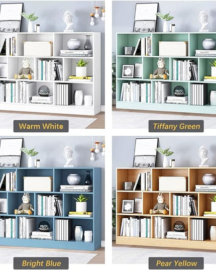 IOTXY Open Shelf Low Bookcase - Wooden 3-Tier Floor Standing Display Cabinet Organizer with Base, 10 Cubes Short Horizontal Bookshelf in Tiffany-Green - LeafyLoom