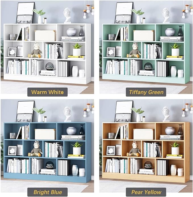 IOTXY Open Shelf Low Bookcase - Wooden 3-Tier Floor Standing Display Cabinet Organizer with Base, 10 Cubes Short Horizontal Bookshelf in Tiffany-Green - LeafyLoom
