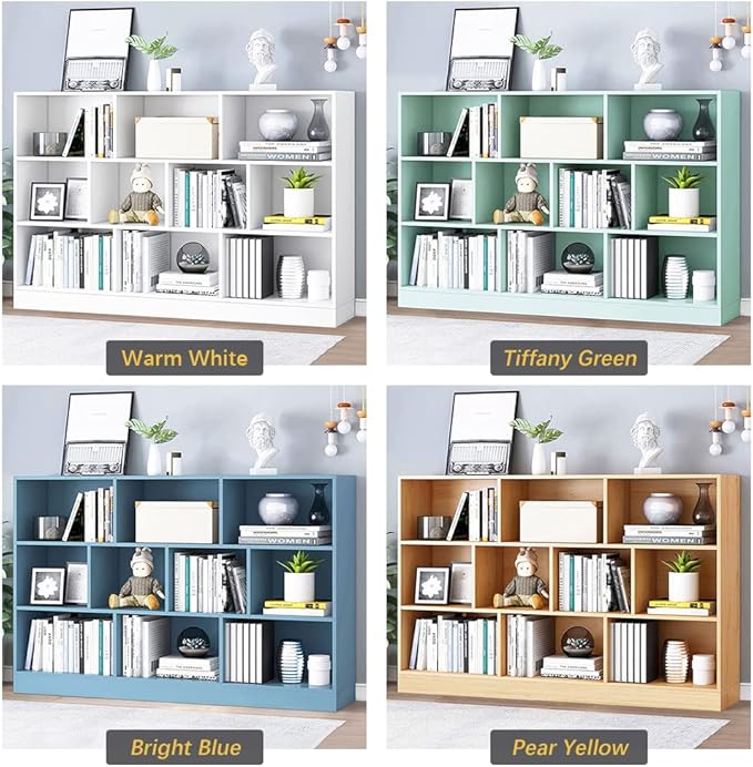 IOTXY Open Shelf Low Bookcase - Wooden 3-Tier Floor Standing Display Cabinet Organizer with Base, 10 Cubes Short Horizontal Bookshelf in Warm White - LeafyLoom