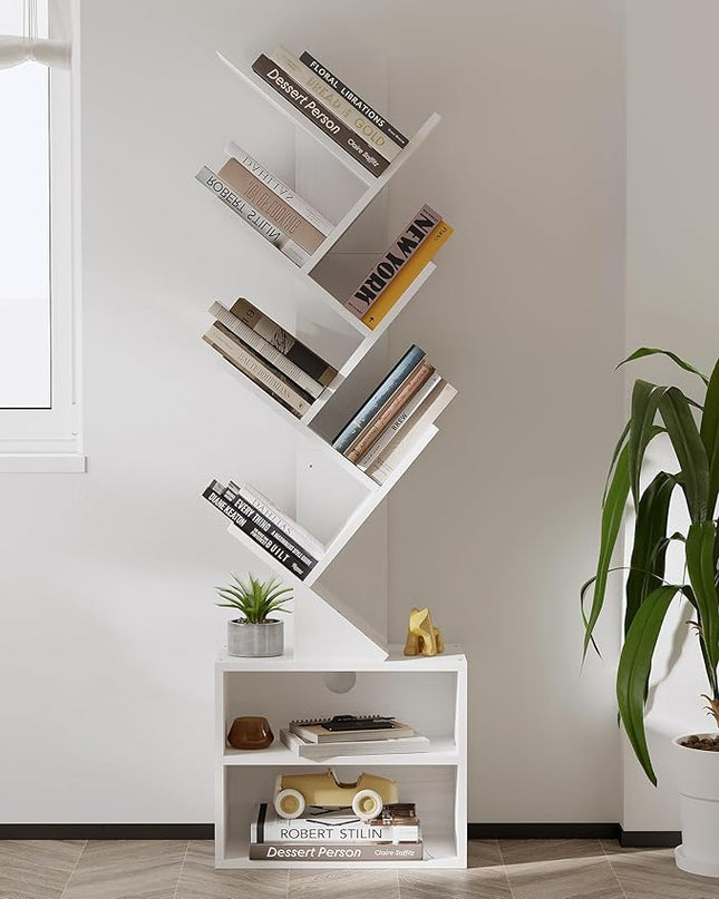 SUNMORY 6 Tier Tree Bookshelf, Tall Bookcase with Storage Cabinet, Modern Narrow Bookshelves Organizer, Floor Standing Book Shelf for Bedroom/Living Room/Home Office/Corner, White - LeafyLoom