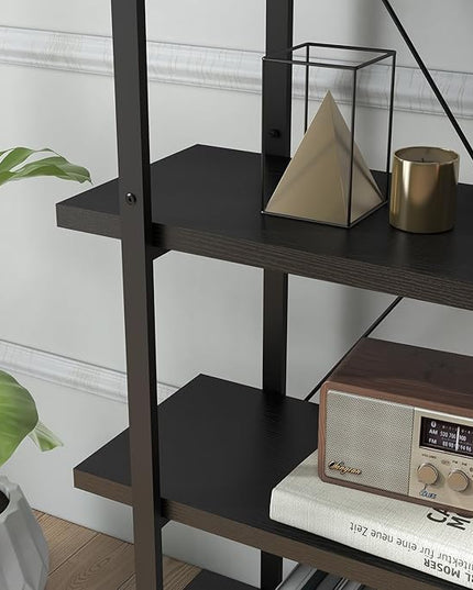 Panana 5 Tier Industrial Rustic Wooden Bookshelves, Vintage Open Wood and Metal Farmhouse Bookshelf Heavy Duty Storage Shelving Unit Rack (Black) - LeafyLoom